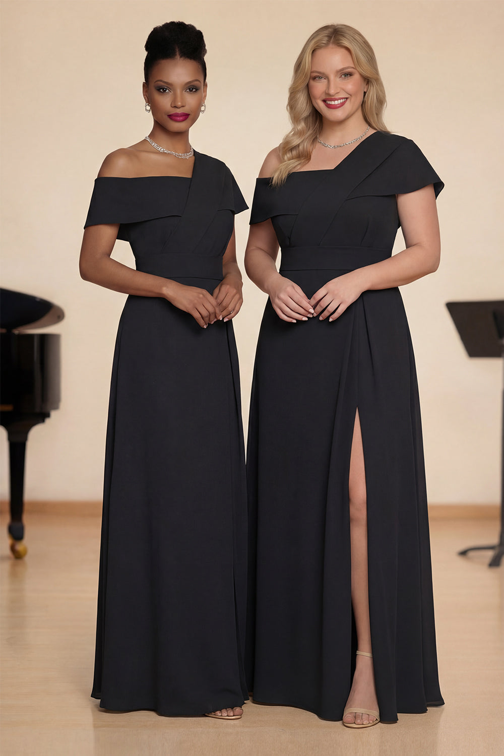 Black A-Line Satin Asymmetrical Neck Long Choir Dress with Slit