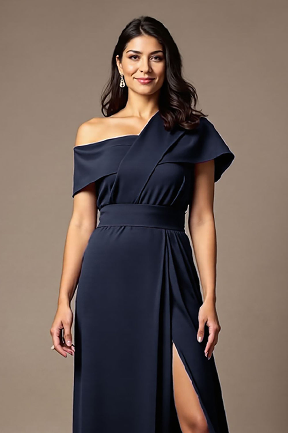 Black A-Line Satin Asymmetrical Neck Long Choir Dress with Slit