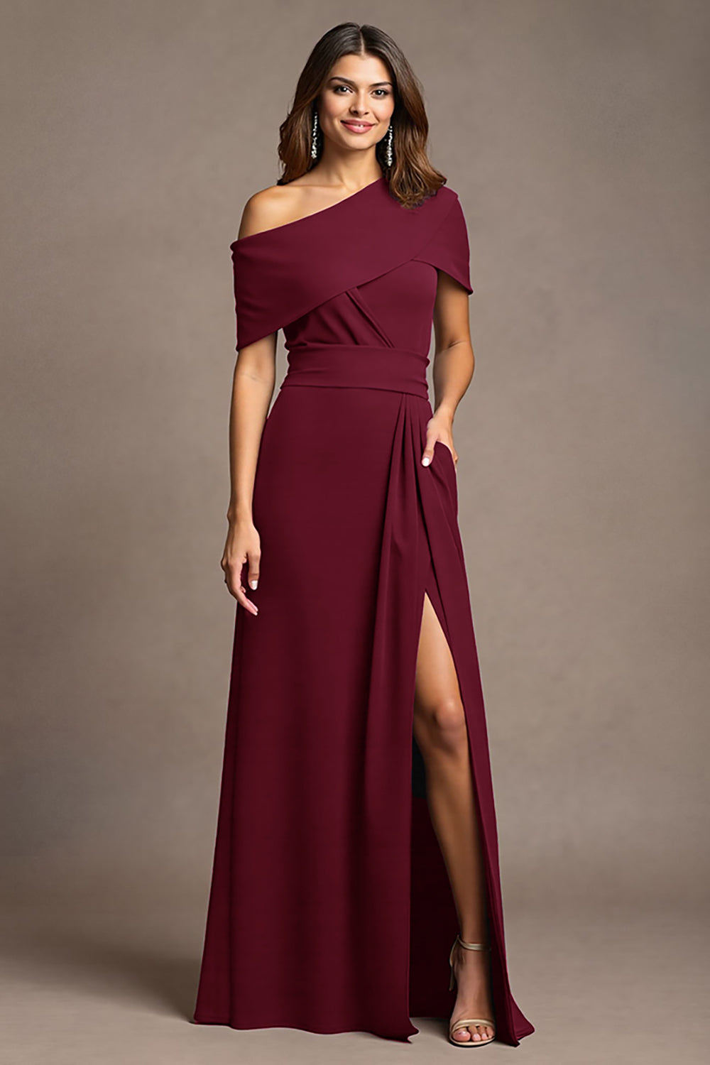 Burgundy A-Line Long Mother Of The Bride Dress With Slit
