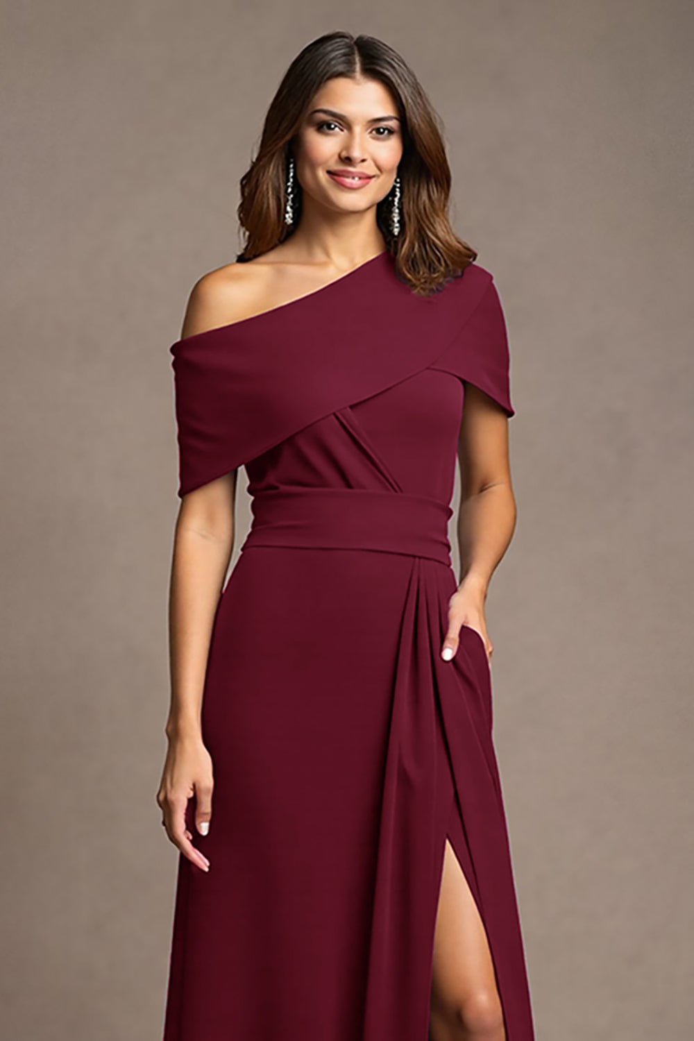 Burgundy A-Line Long Mother Of The Bride Dress With Slit