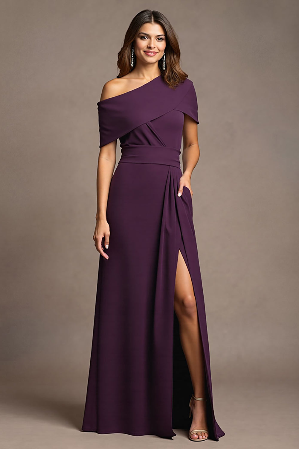 Burgundy A-Line Long Mother Of The Bride Dress With Slit