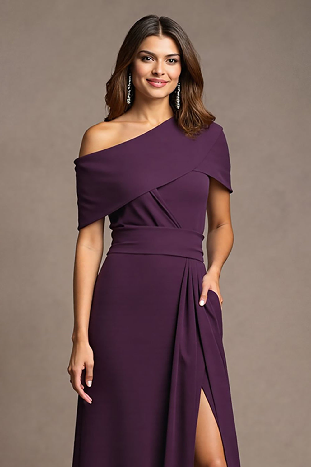 Burgundy A-Line Long Mother Of The Bride Dress With Slit