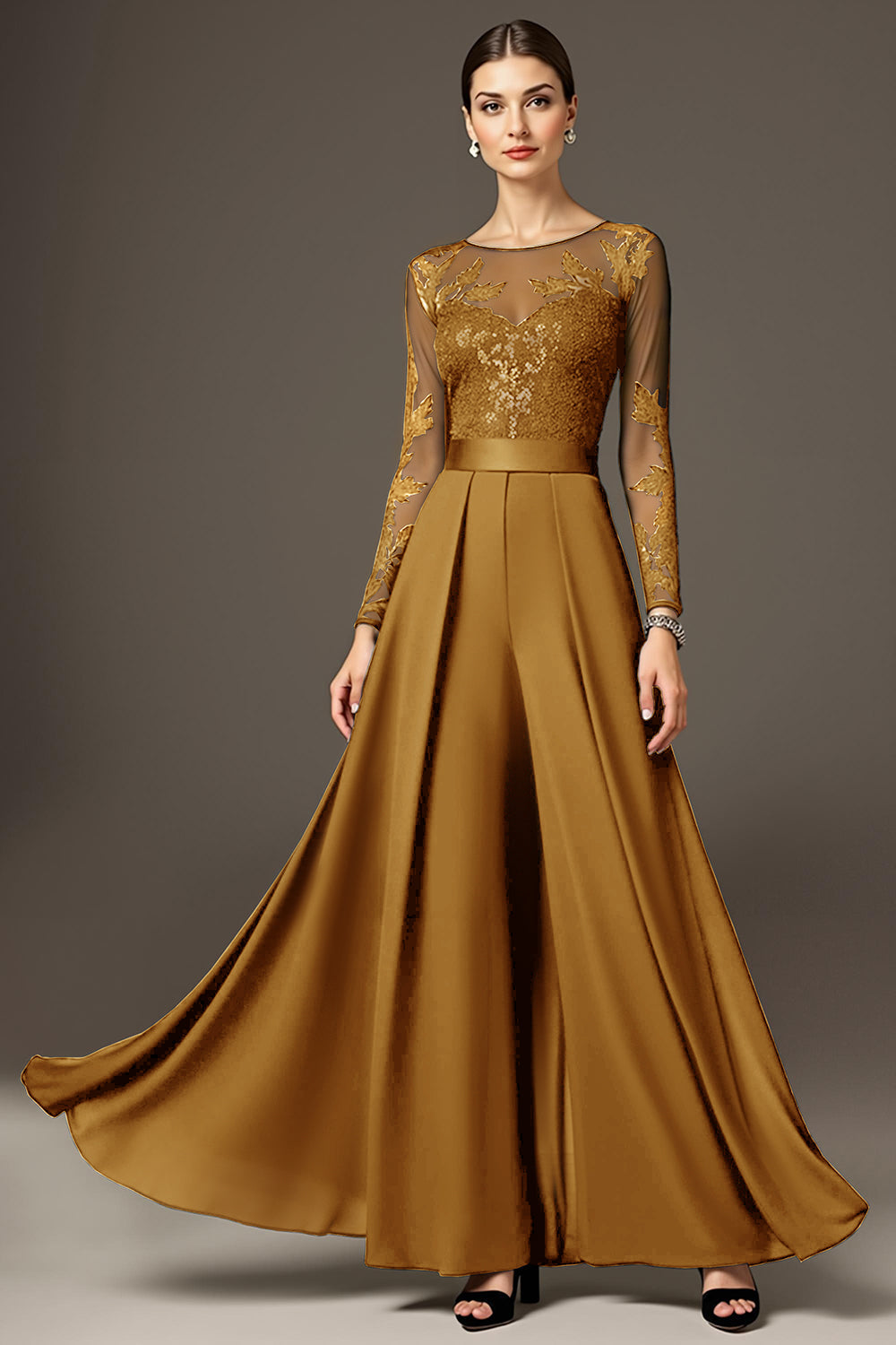 Robe de mère de la mariée noire trapèze à manches longues avec applications