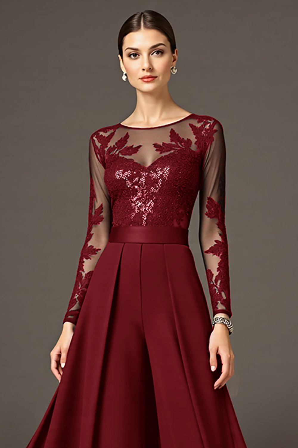 Robe de mère de la mariée noire trapèze à manches longues avec applications