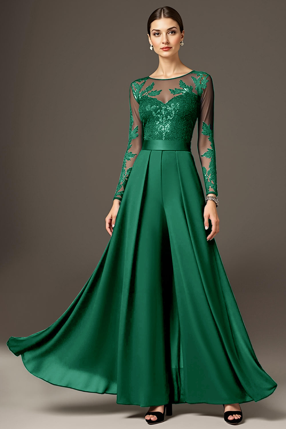 Robe de mère de la mariée noire trapèze à manches longues avec applications