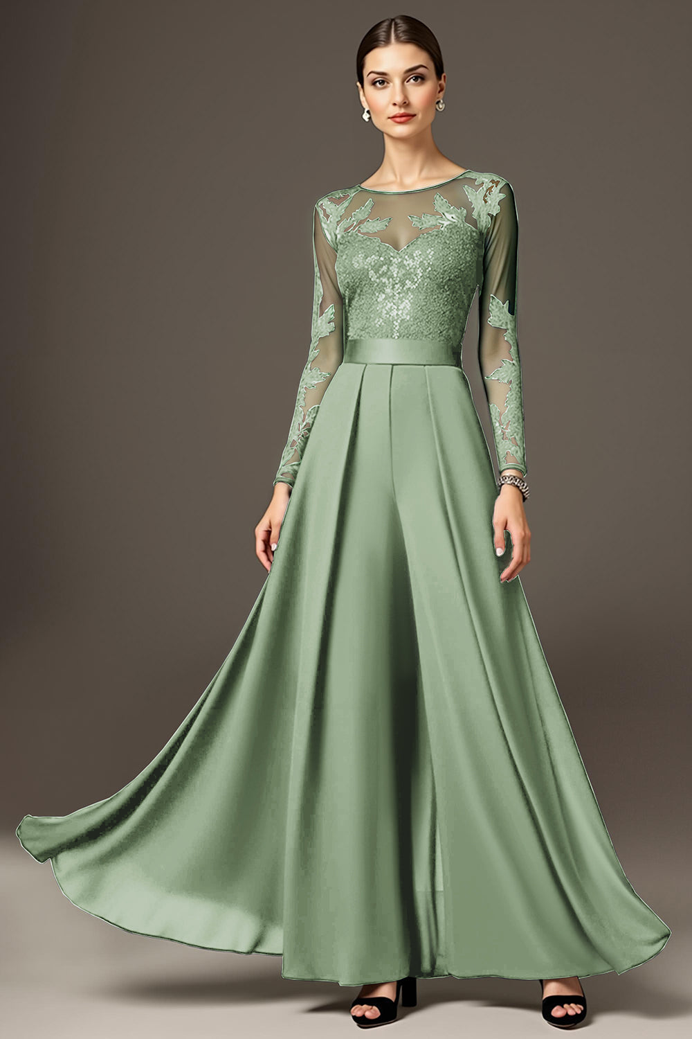 Robe de mère de la mariée noire trapèze à manches longues avec applications