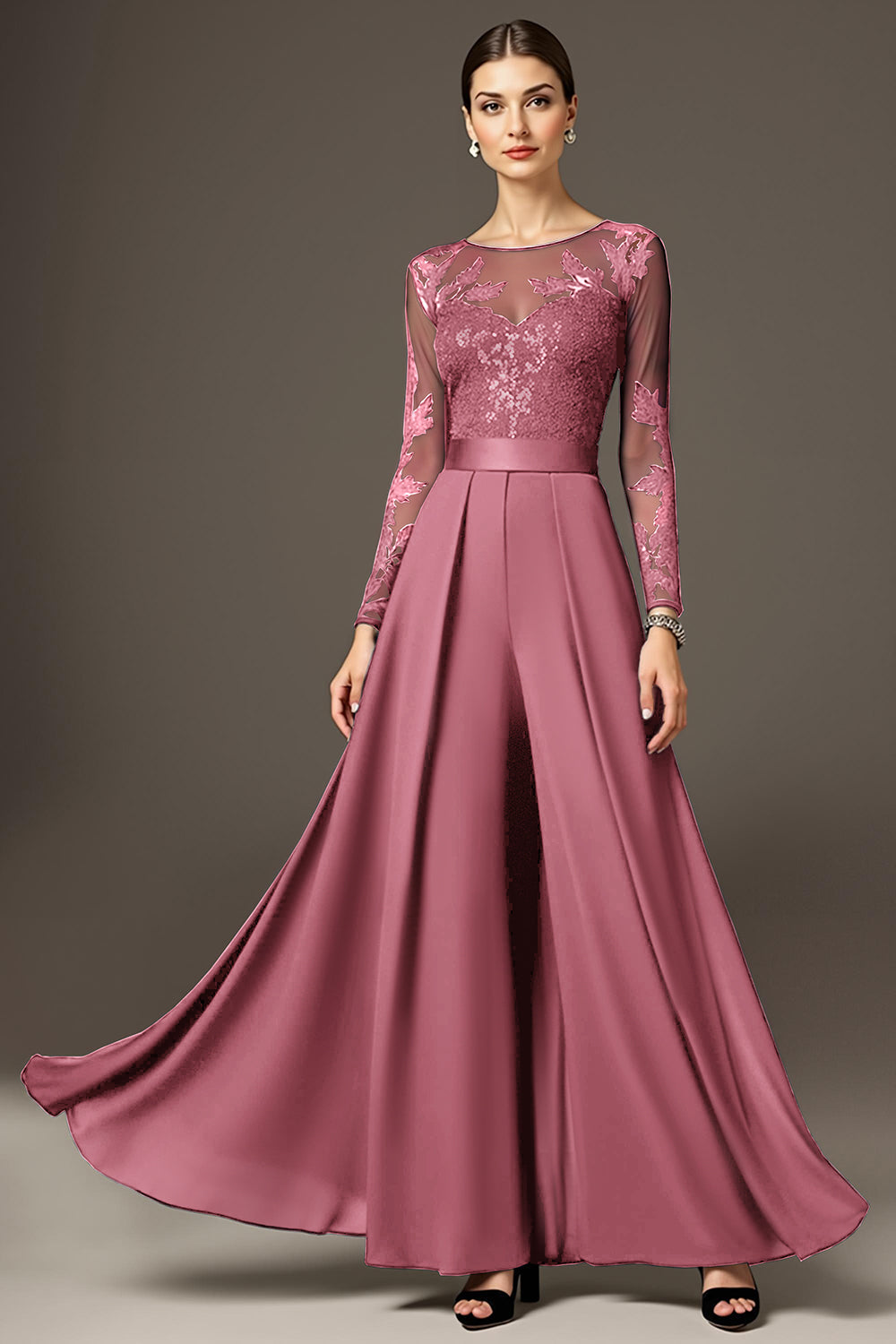 Robe de mère de la mariée noire trapèze à manches longues avec applications