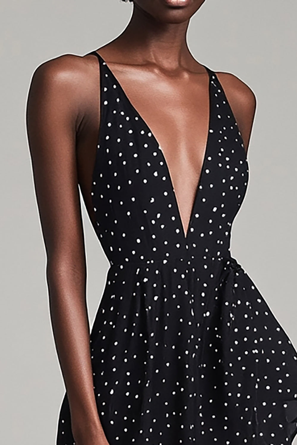 Black Deep V Neck Midi White Polka Dots Summer Cocktail Dress with Slit