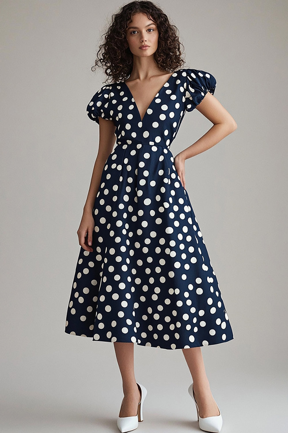 Navy White A Line Polka Dots Dress with Puff Sleeves