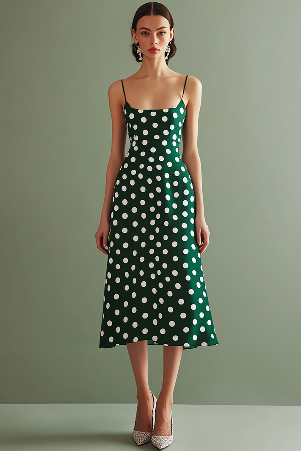 Green White Spaghetti Straps A Line Midi Polka Dots Dress