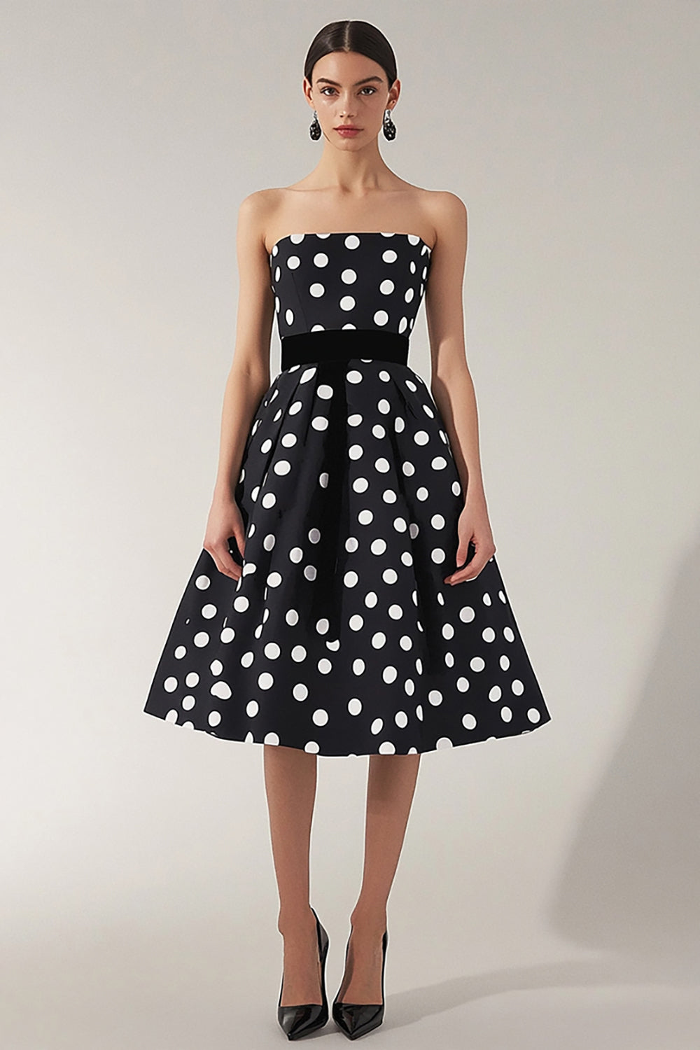 Strapless Black White A-Line Polka Dots Dress
