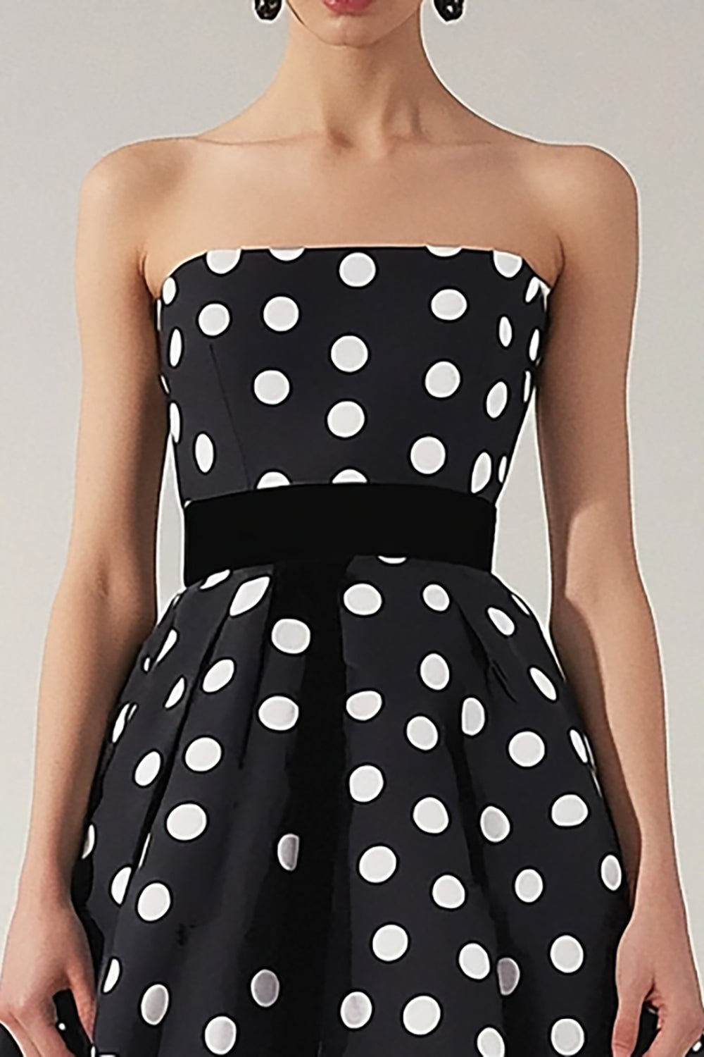 Strapless Black White A-Line Polka Dots Dress