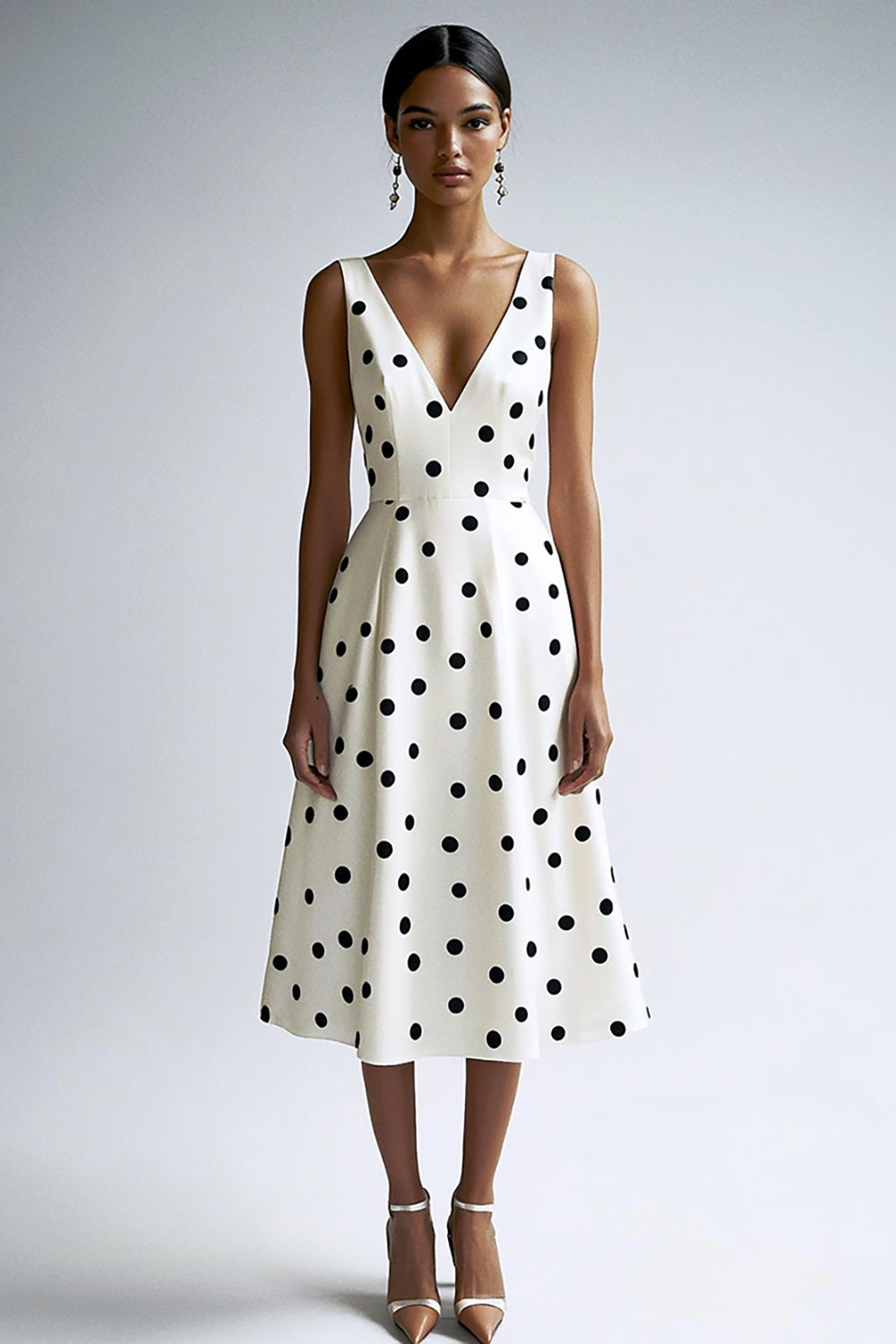 A-Line V-Neck Midi White Black Polka Dot Dress