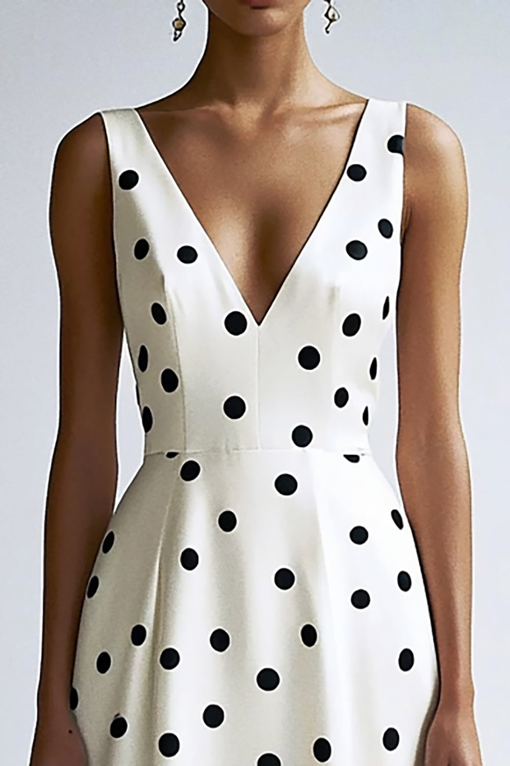 A-Line V-Neck Midi White Black Polka Dot Dress