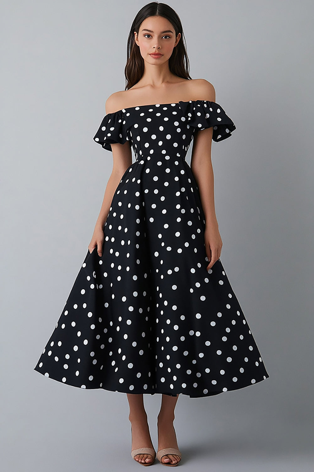 Off The Shoulder Ruffled Black White Polka Dots Dress