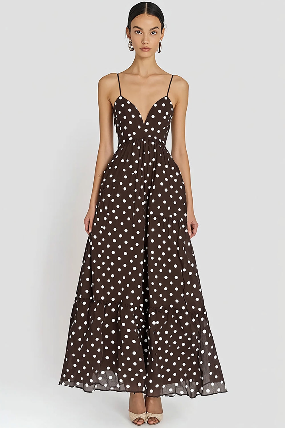 Robe à fines bretelles, coupe trapèze, à pois blancs, couleur café