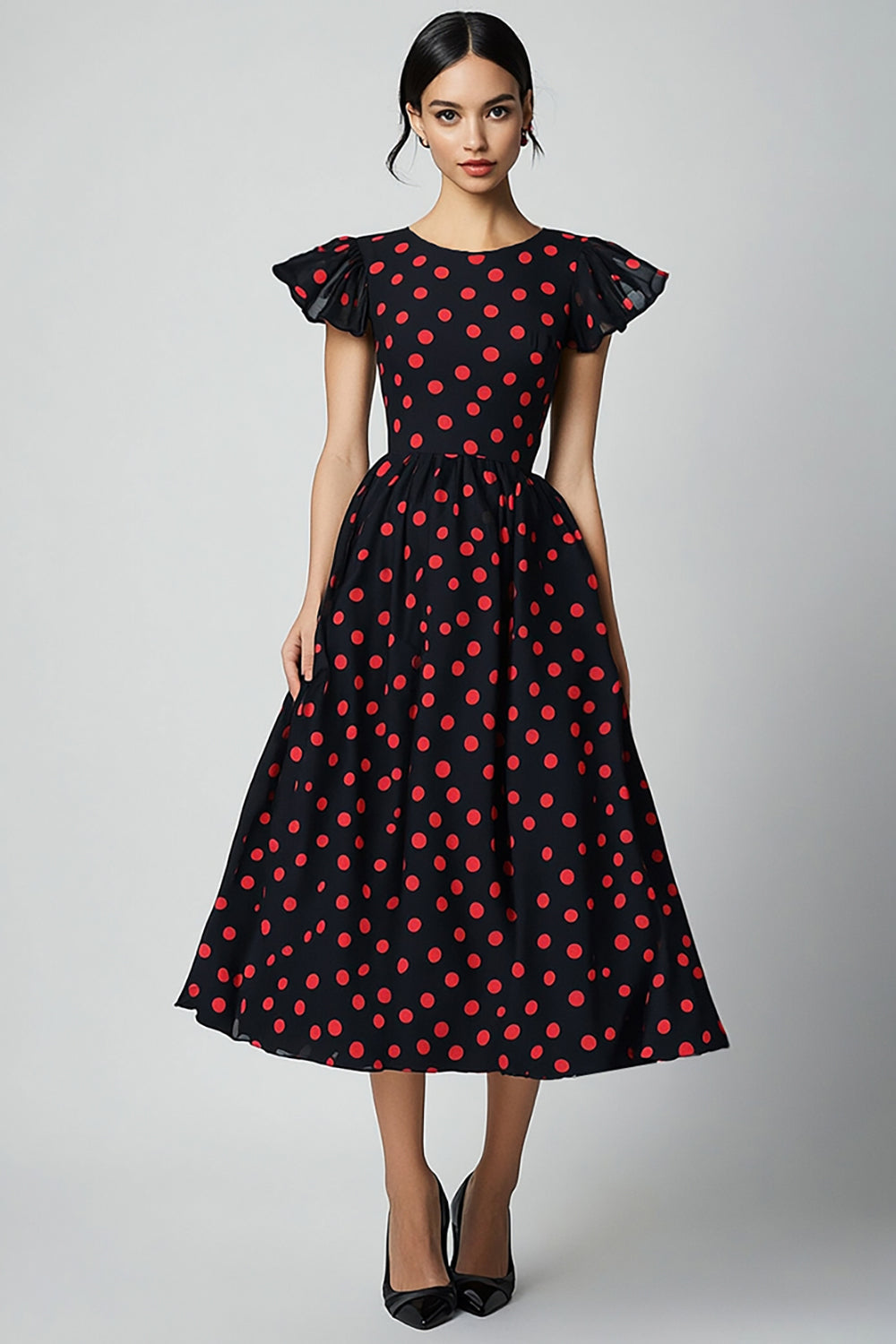 A Line Ruffled Sleeves Red Polka Dots Dress