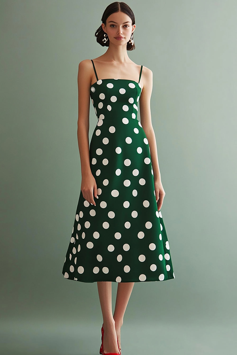 A Line Spaghetti Straps Green White Polka Dots Dress
