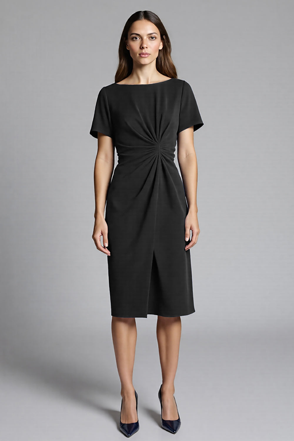Navy Sheath Ruched Midi Work Dress