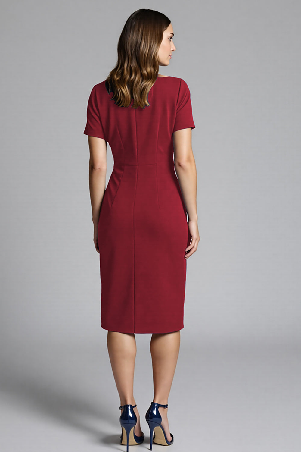 Navy Sheath Ruched Midi Work Dress