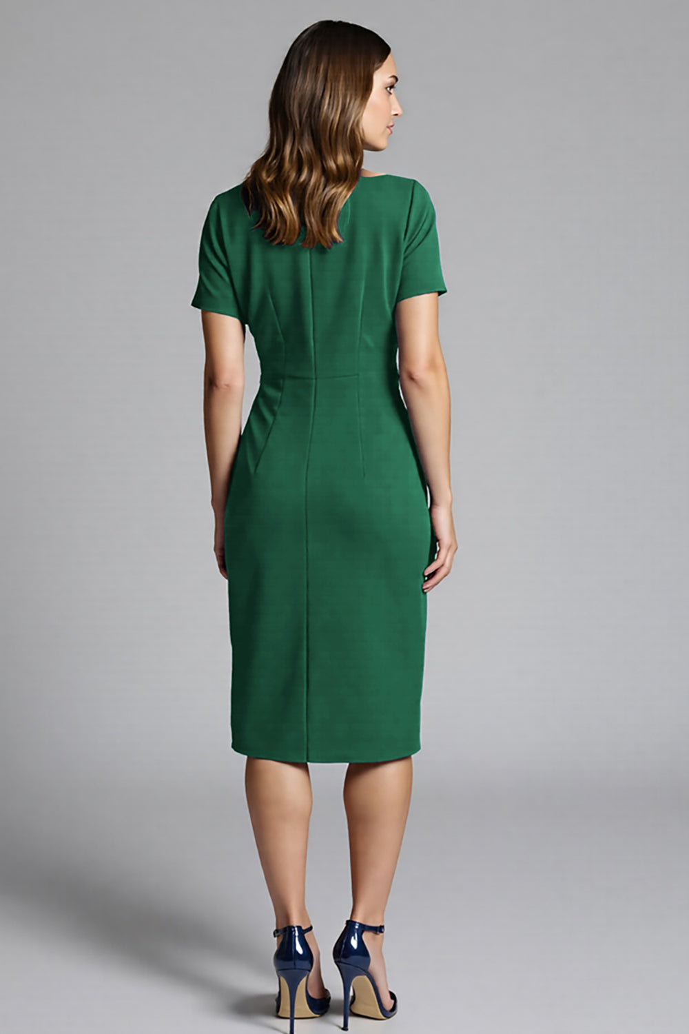 Navy Sheath Ruched Midi Work Dress