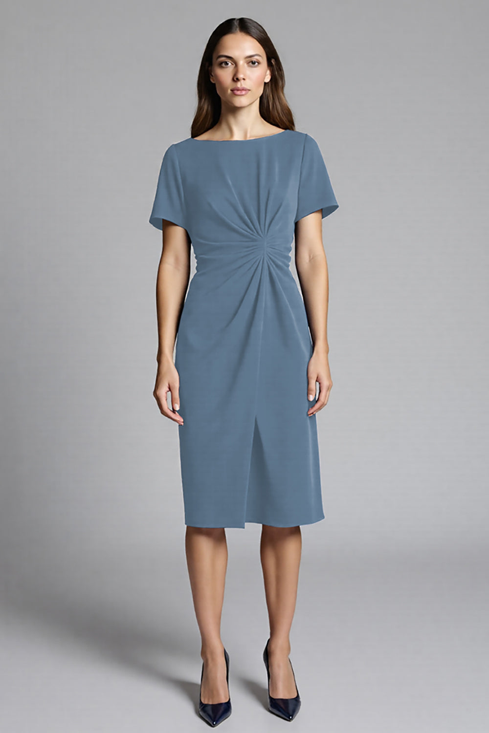 Navy Sheath Ruched Midi Work Dress
