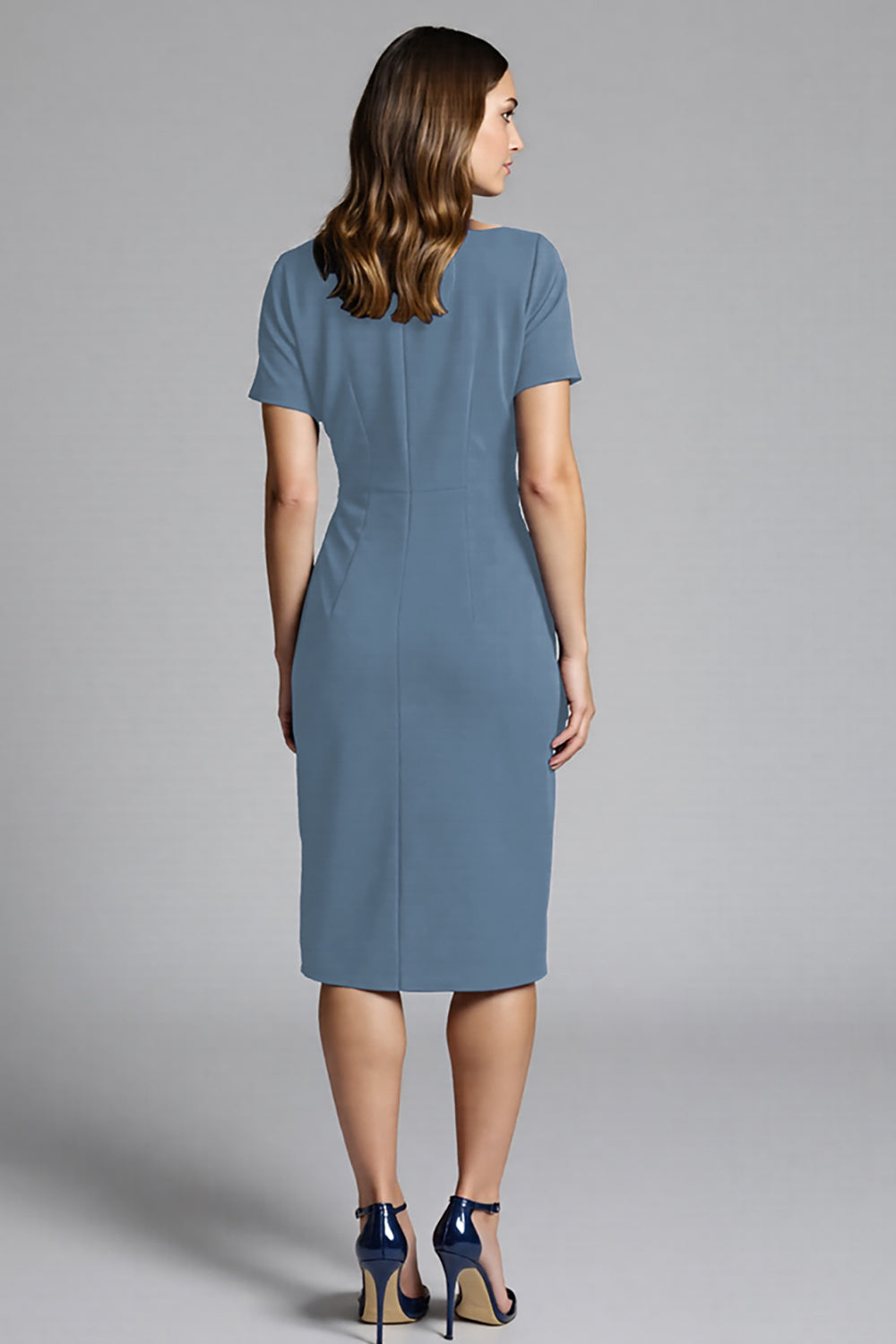 Navy Sheath Ruched Midi Work Dress