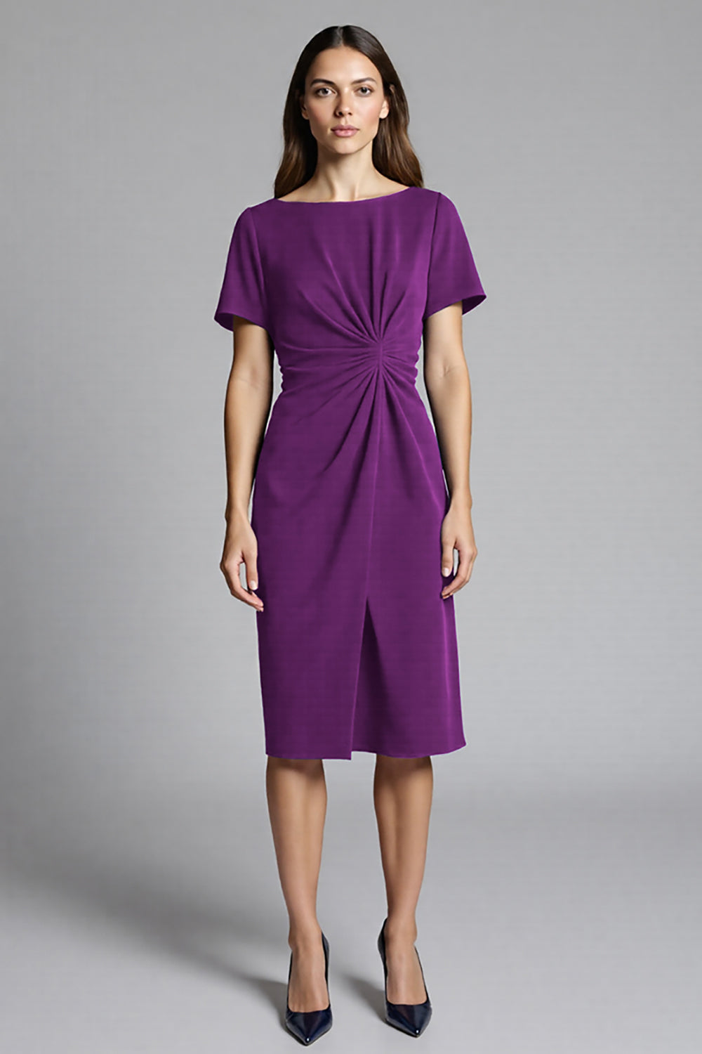 Navy Sheath Ruched Midi Work Dress