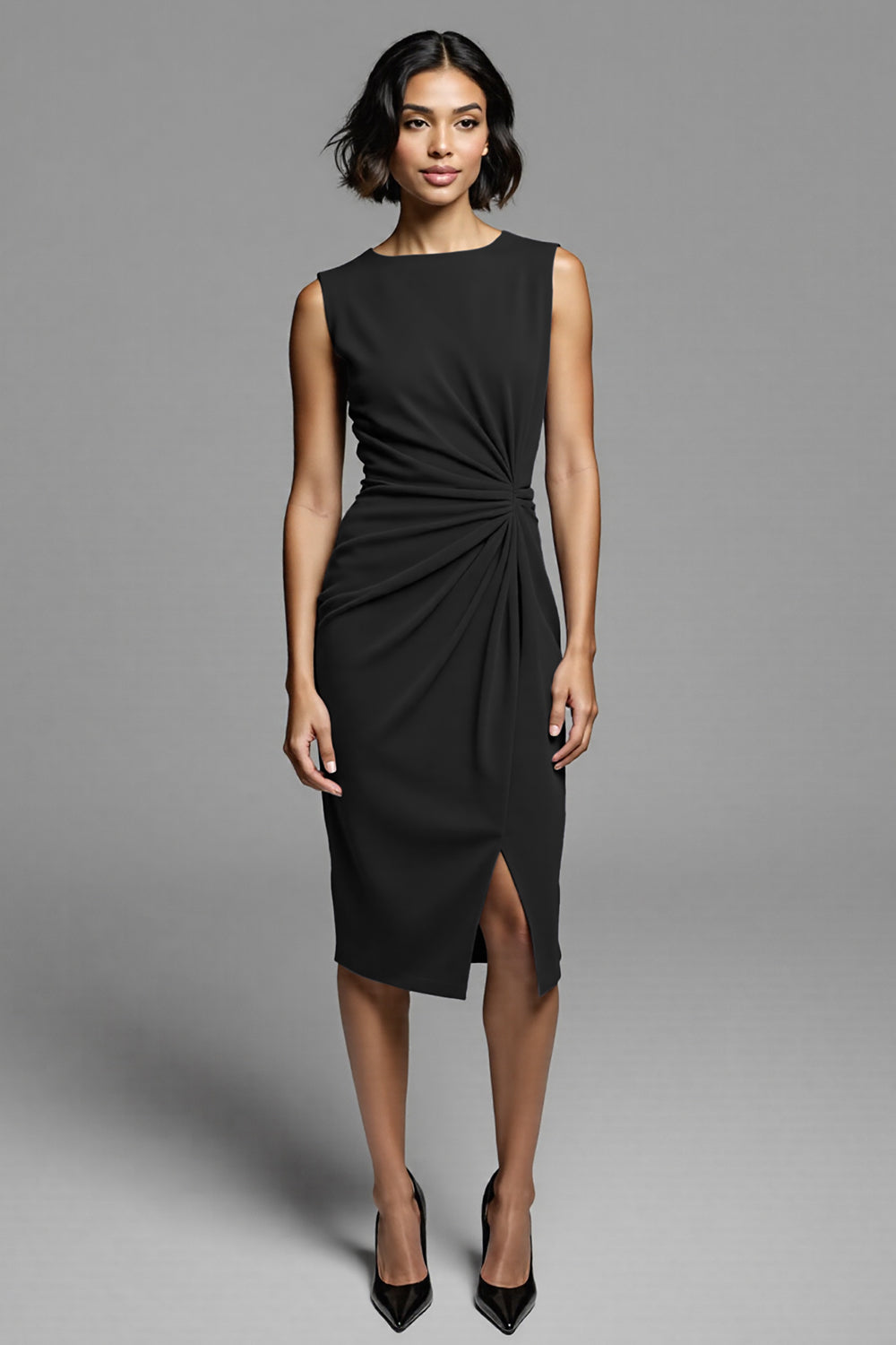 Grey Ruched Sheath Midi Work Dress with Slit