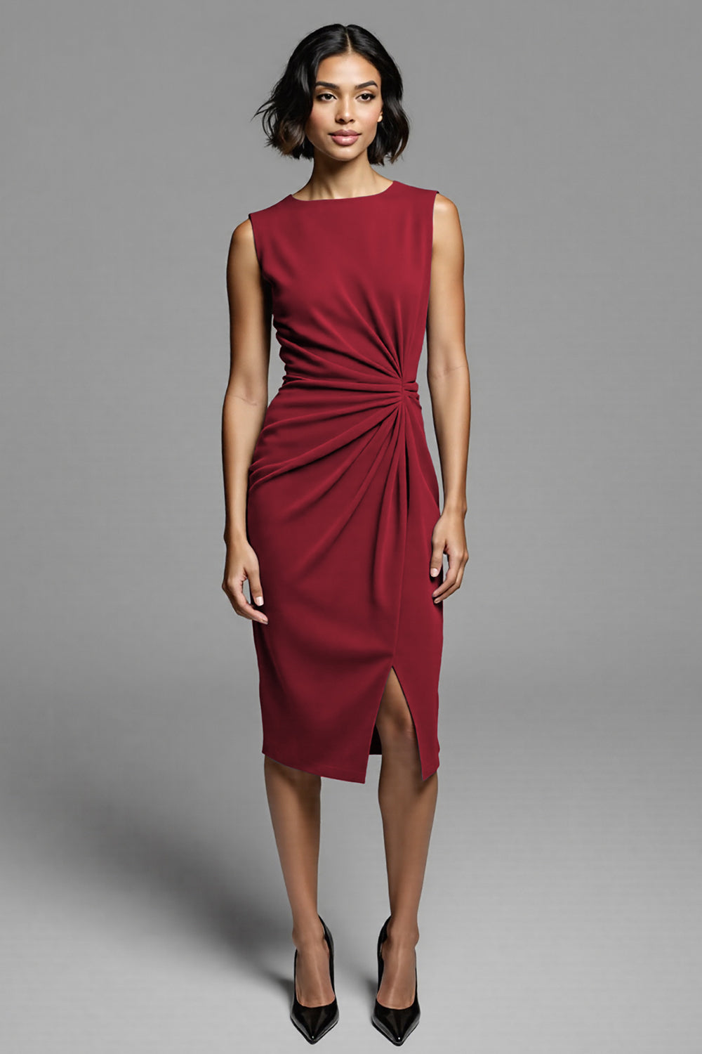 Grey Ruched Sheath Midi Work Dress with Slit
