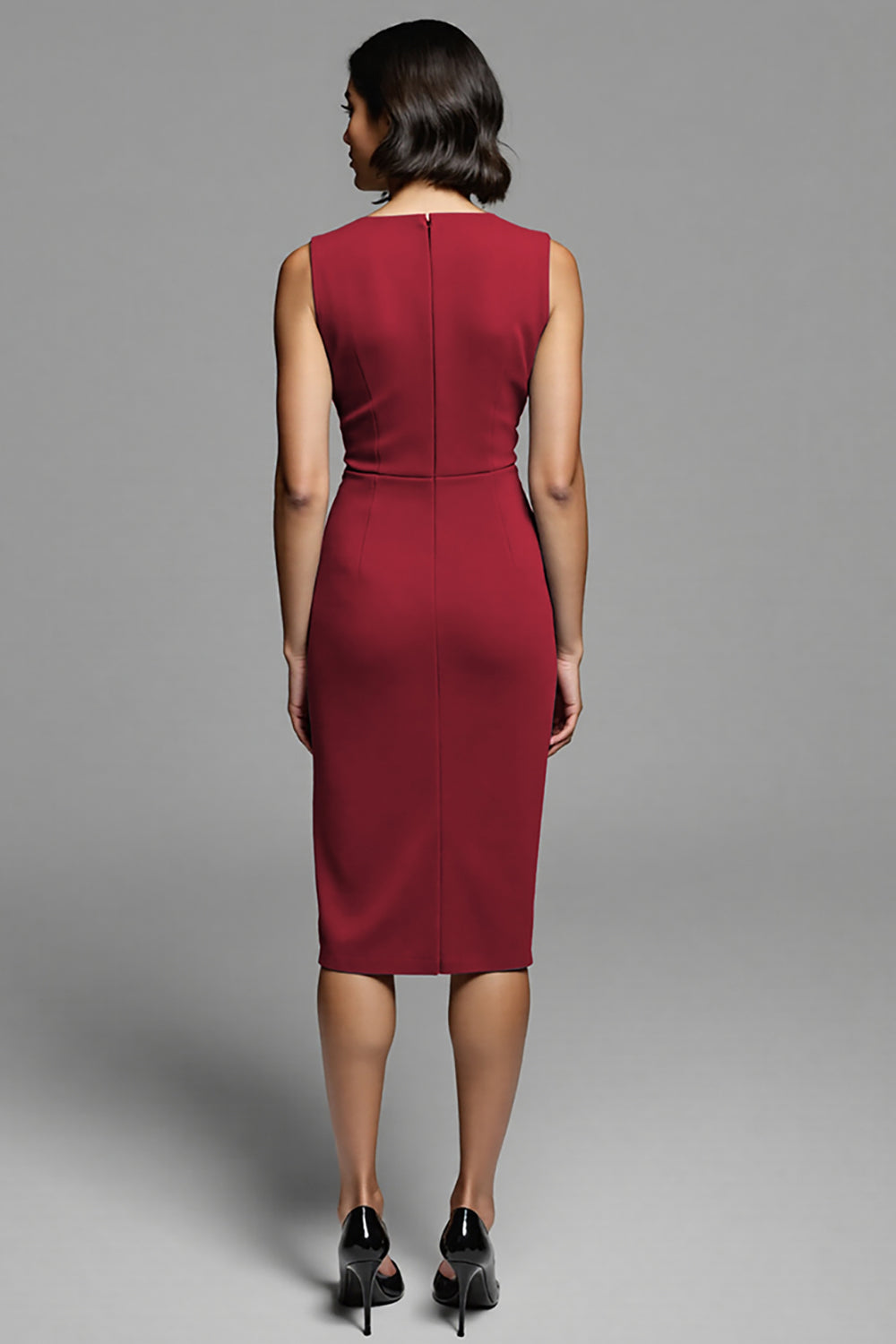Grey Ruched Sheath Midi Work Dress with Slit