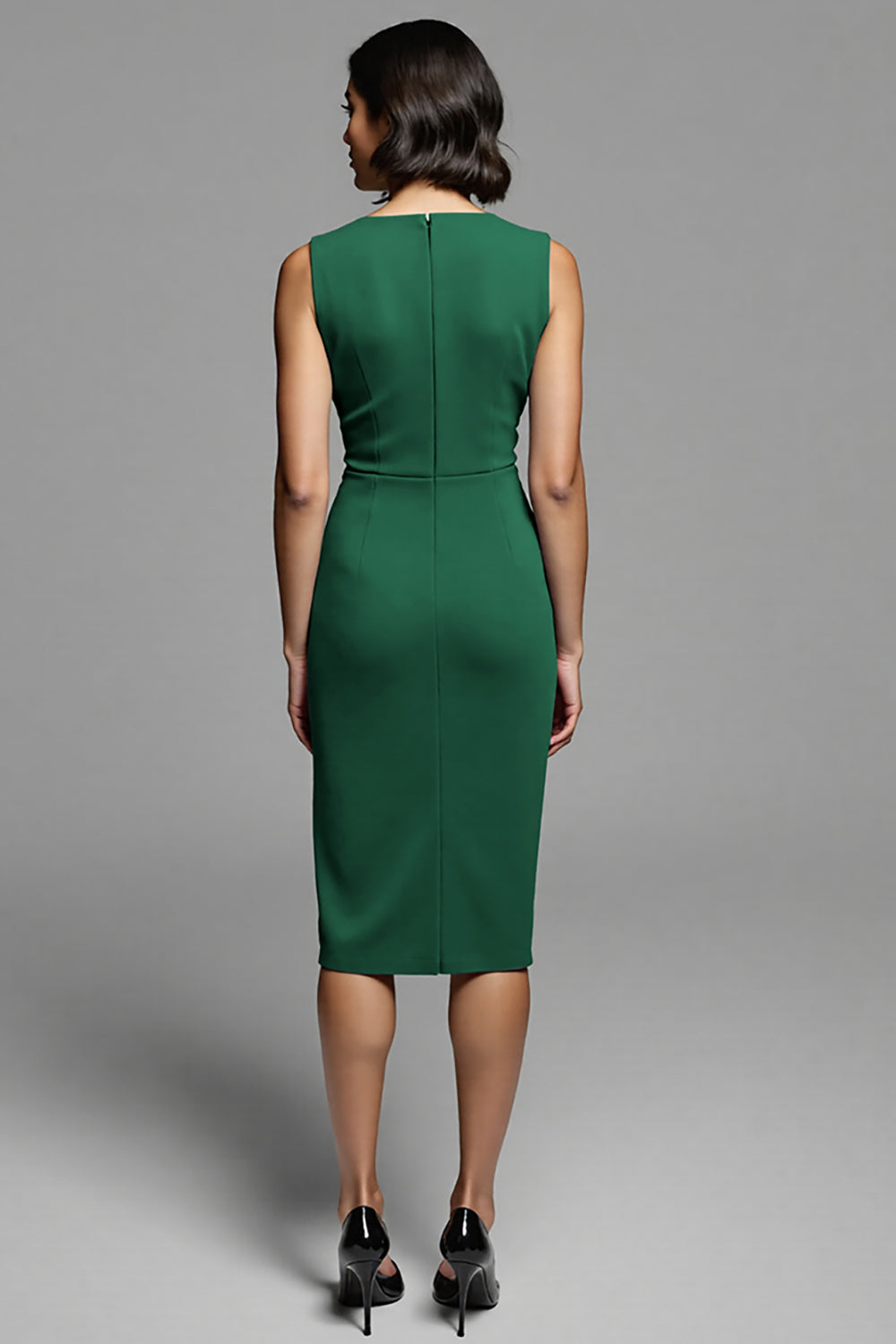 Grey Ruched Sheath Midi Work Dress with Slit