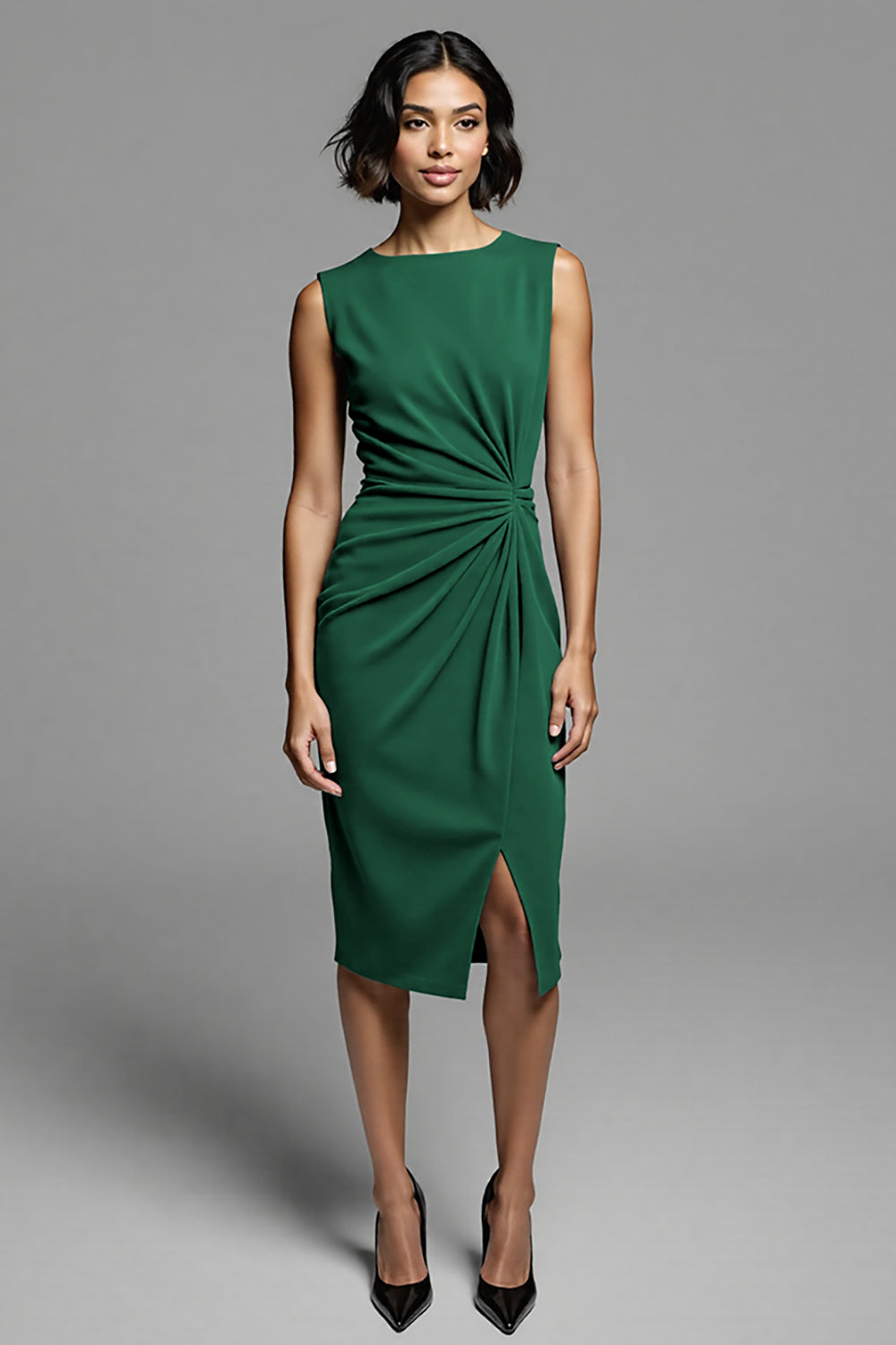 Grey Ruched Sheath Midi Work Dress with Slit
