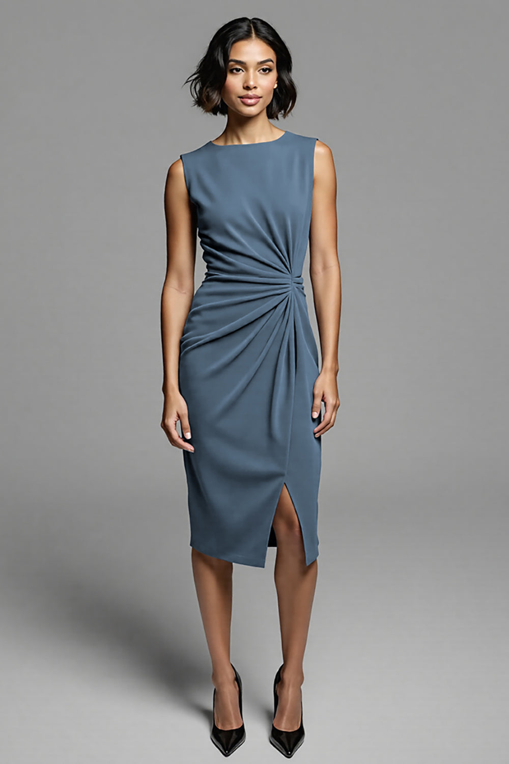 Grey Ruched Sheath Midi Work Dress with Slit