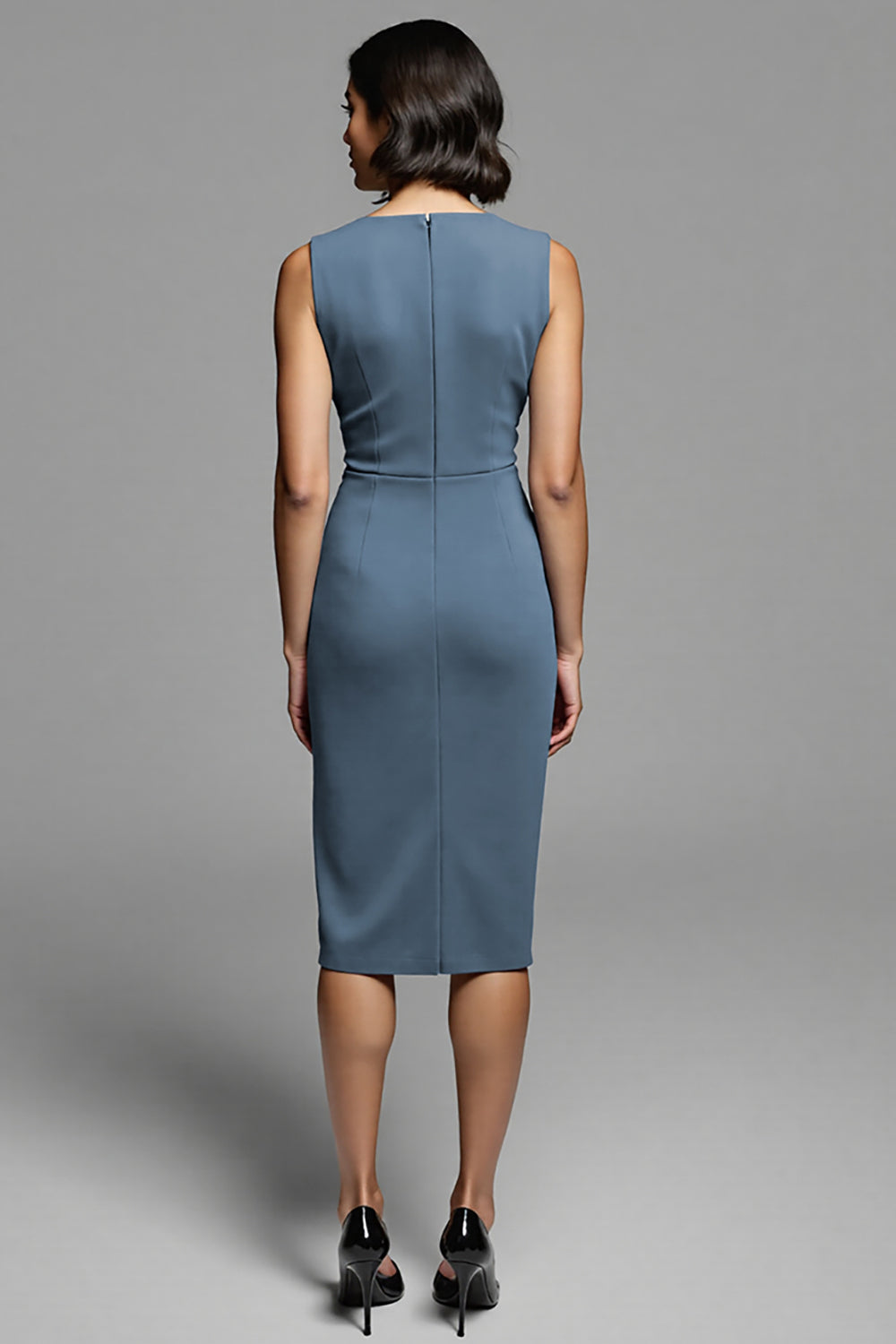 Grey Ruched Sheath Midi Work Dress with Slit