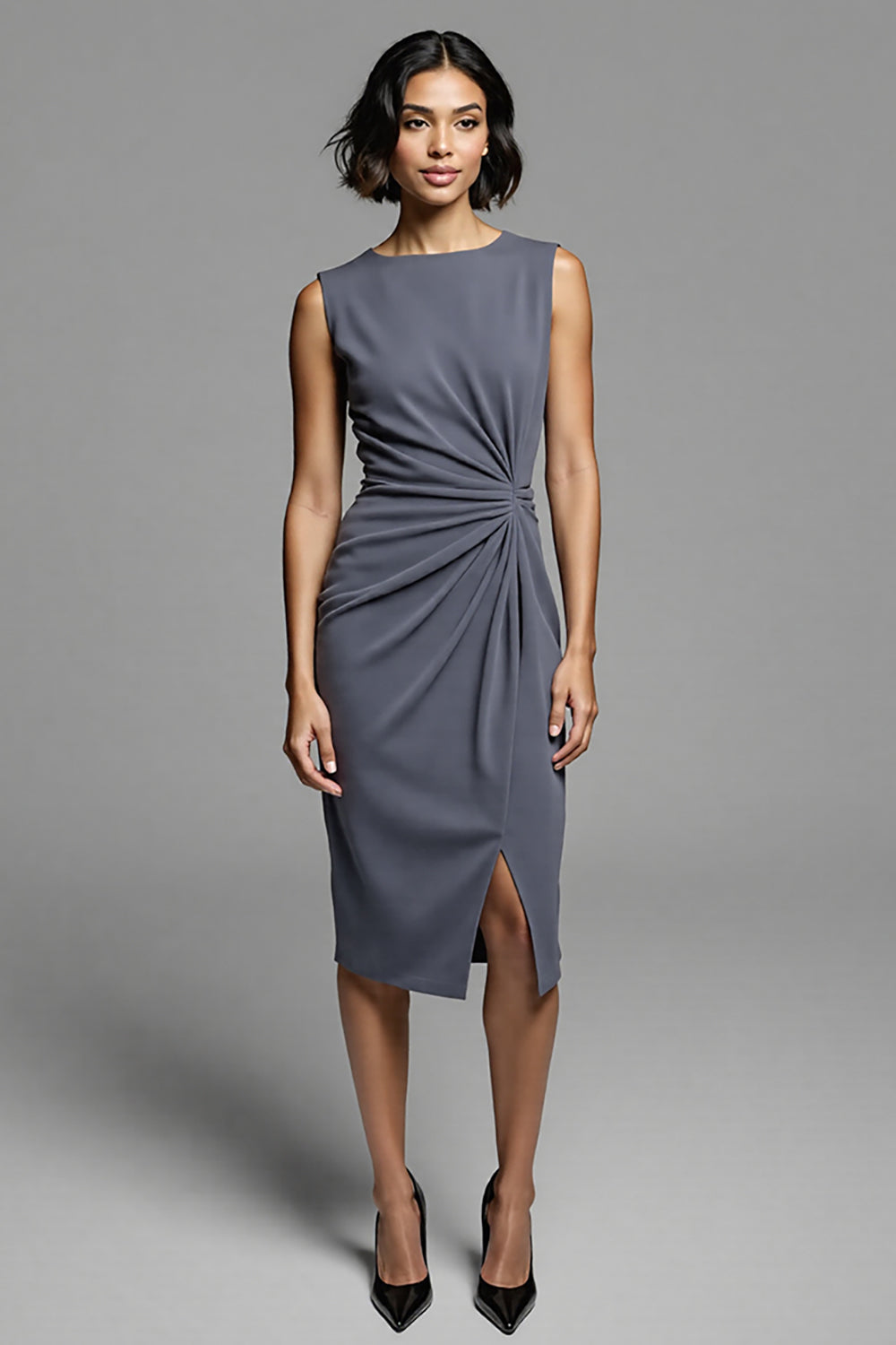 Grey Ruched Sheath Midi Work Dress with Slit