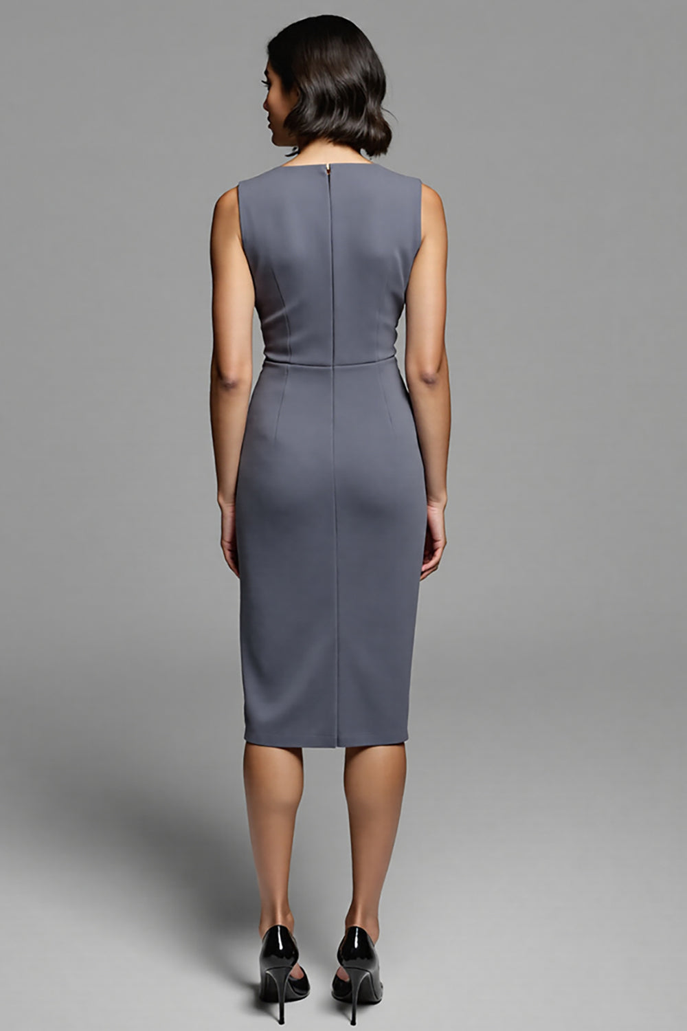 Grey Ruched Sheath Midi Work Dress with Slit