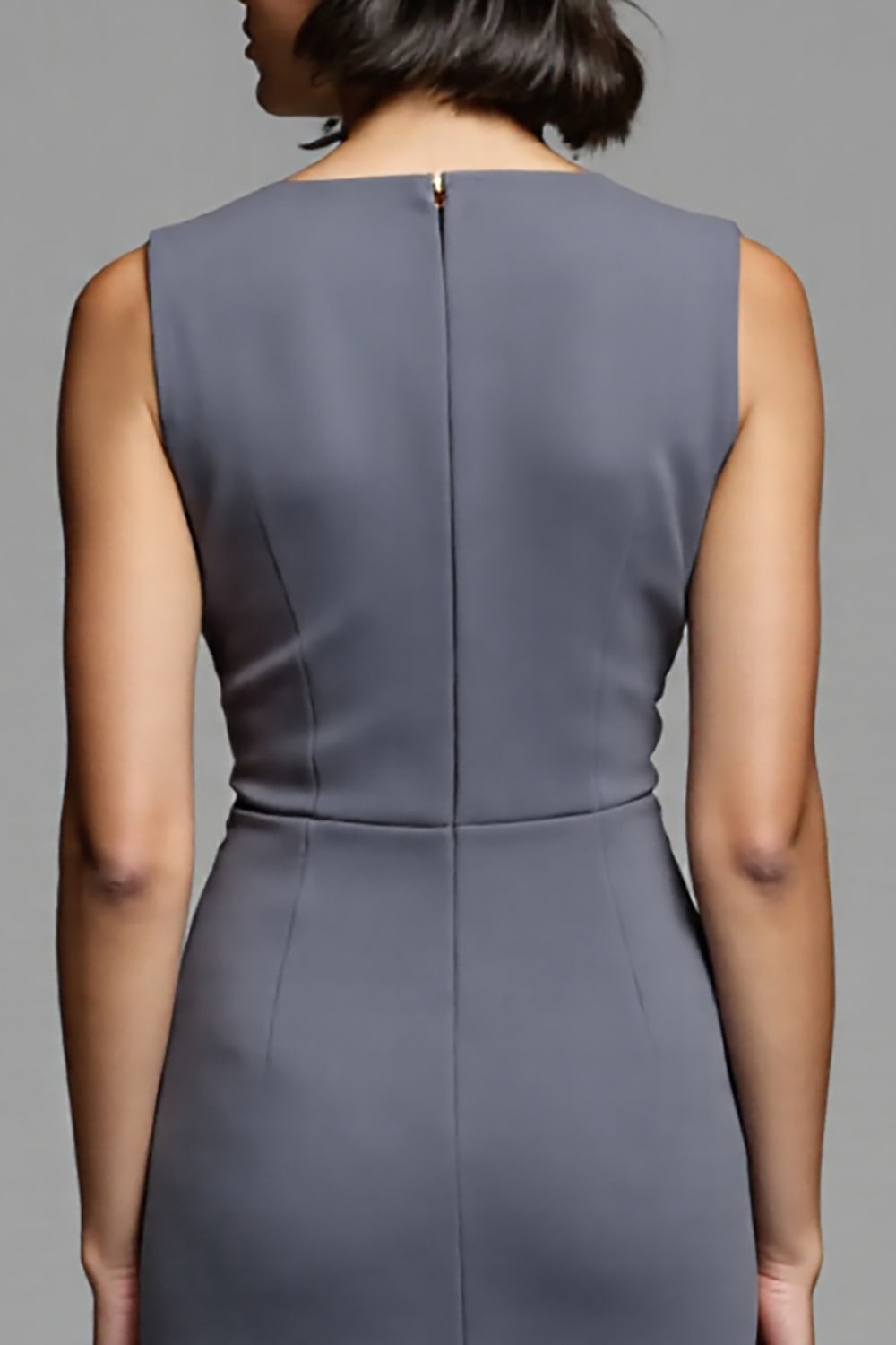 Grey Ruched Sheath Midi Work Dress with Slit