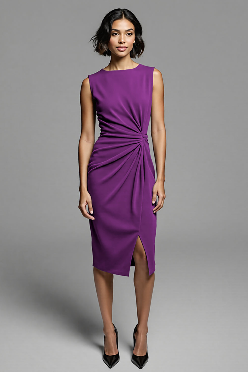 Grey Ruched Sheath Midi Work Dress with Slit