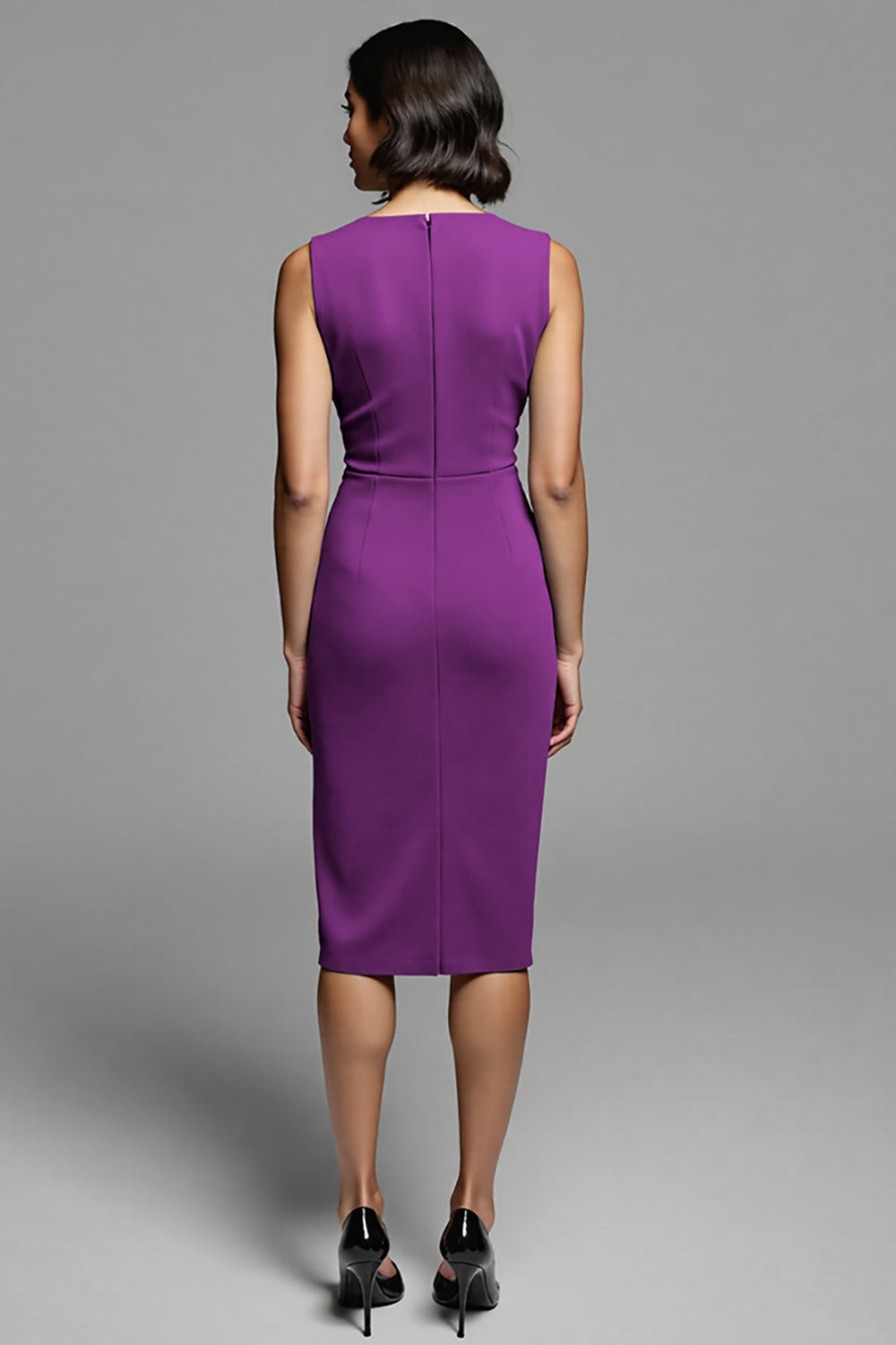 Grey Ruched Sheath Midi Work Dress with Slit