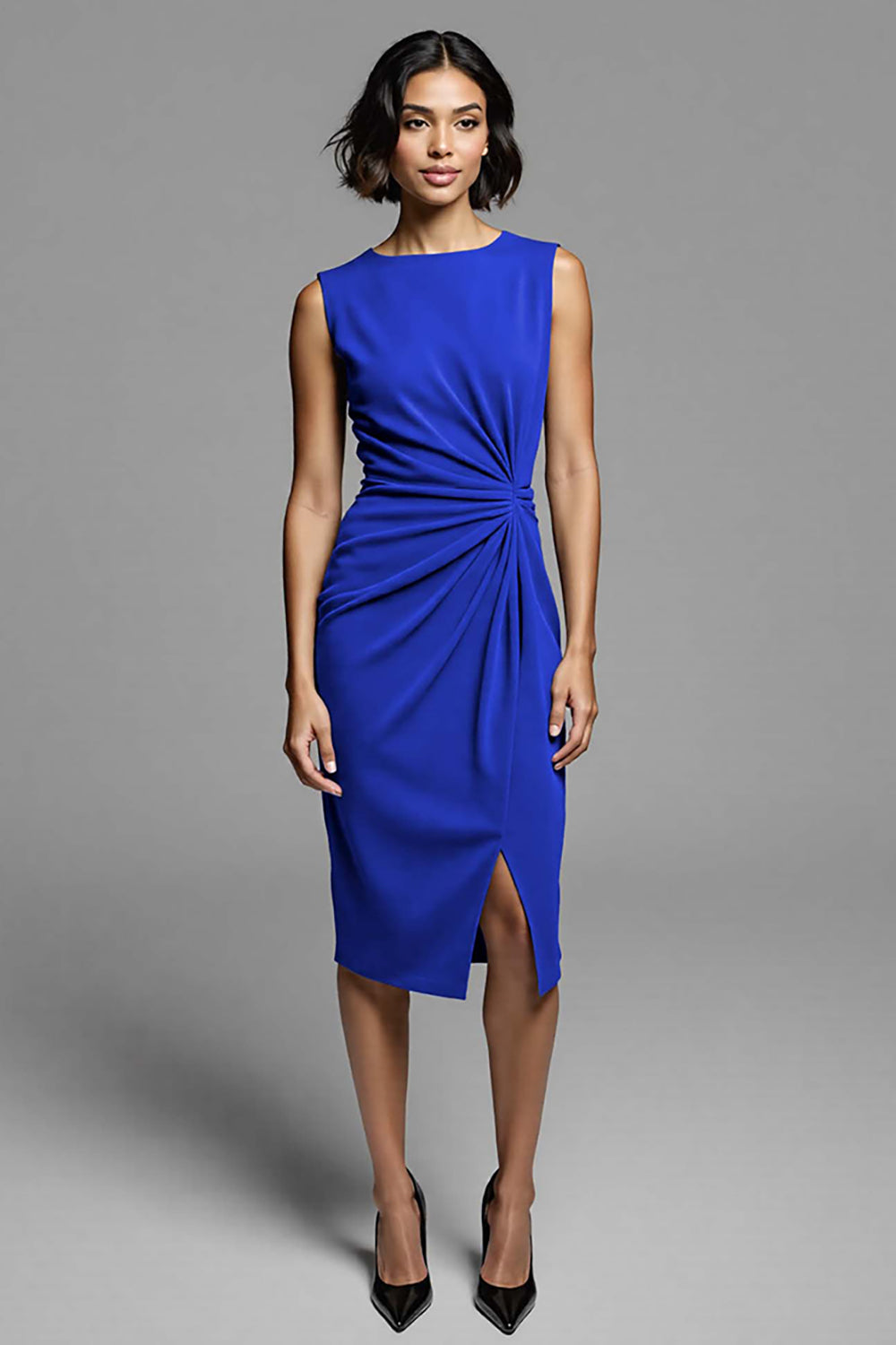 Grey Ruched Sheath Midi Work Dress with Slit