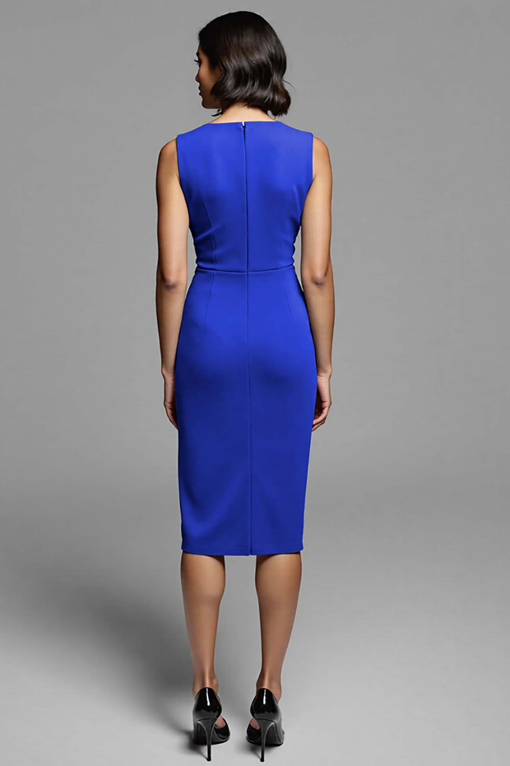 Grey Ruched Sheath Midi Work Dress with Slit