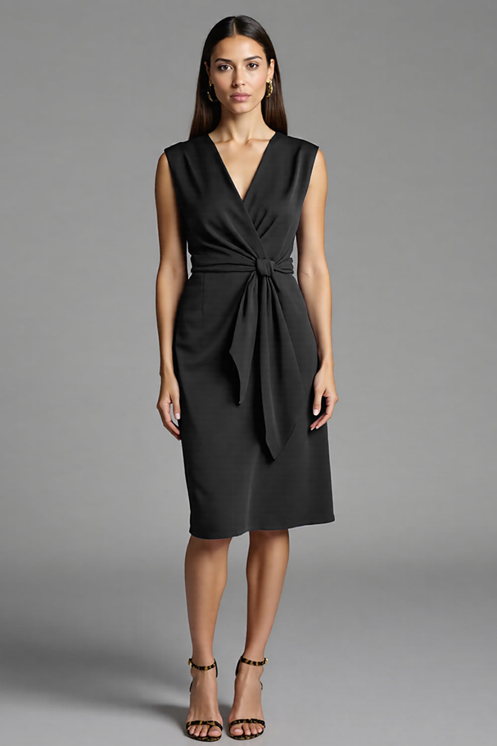 Sheath Navy V Neck Midi Work Dress With Sash