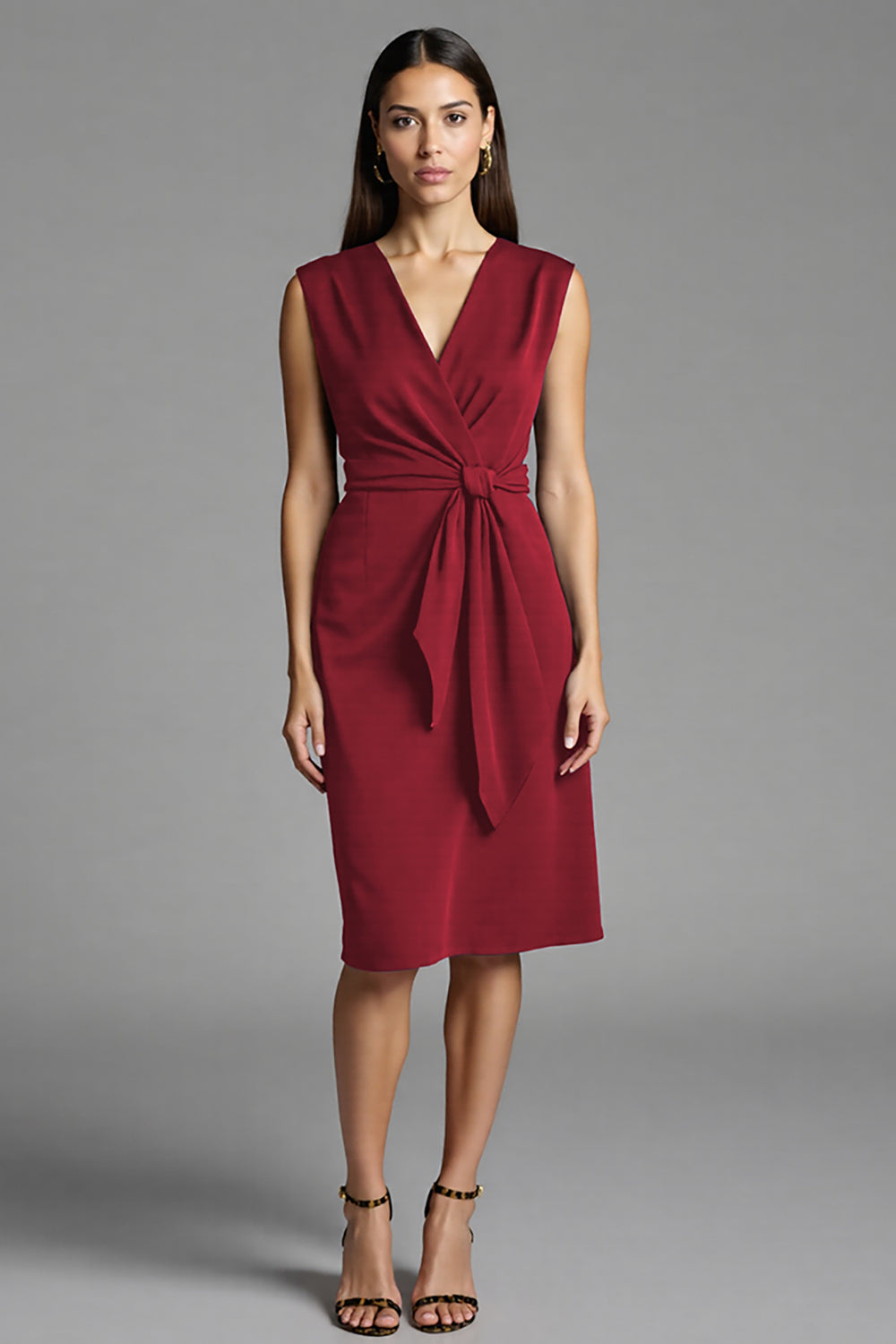 Sheath Navy V Neck Midi Work Dress With Sash