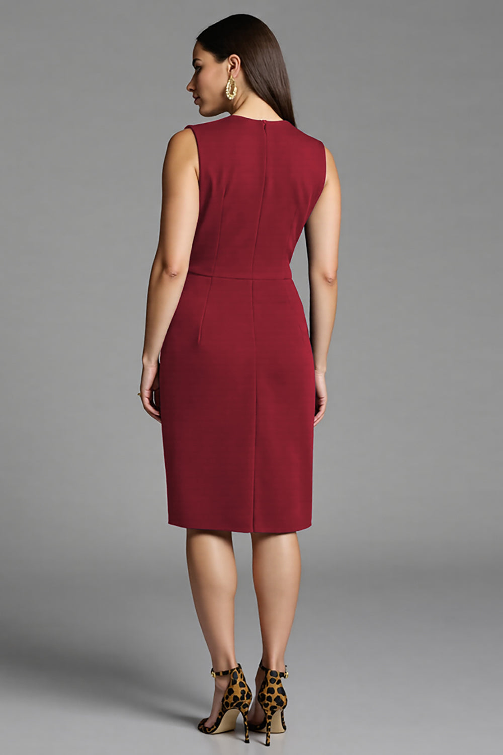 Sheath Navy V Neck Midi Work Dress With Sash