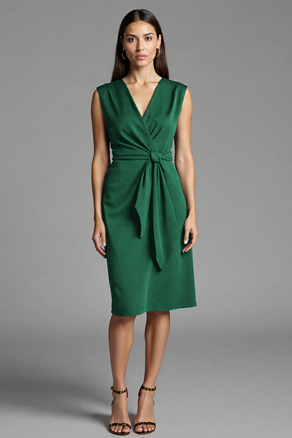 Sheath Navy V Neck Midi Work Dress With Sash