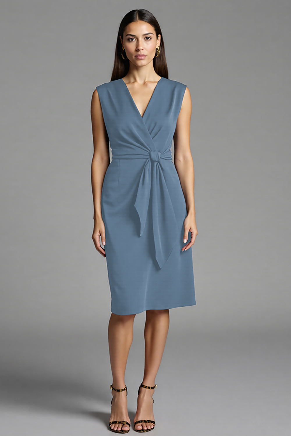 Sheath Navy V Neck Midi Work Dress With Sash