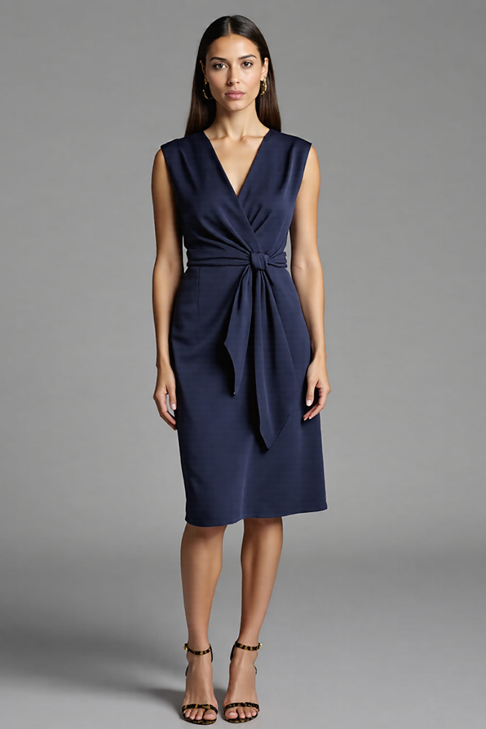 Sheath Navy V Neck Midi Work Dress With Sash