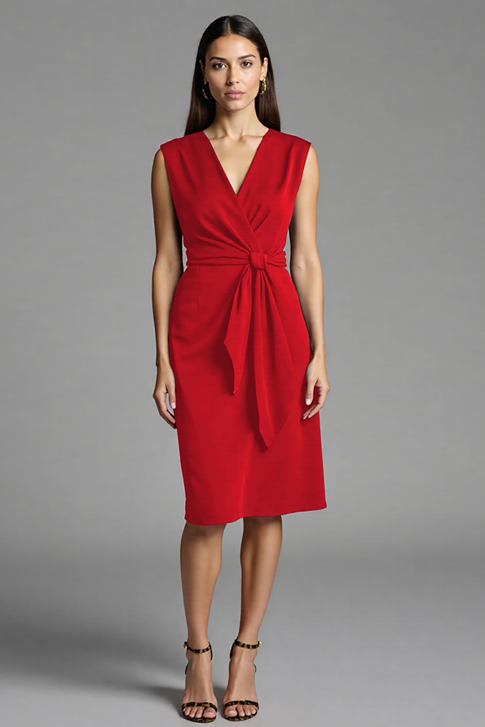 Sheath Navy V Neck Midi Work Dress With Sash