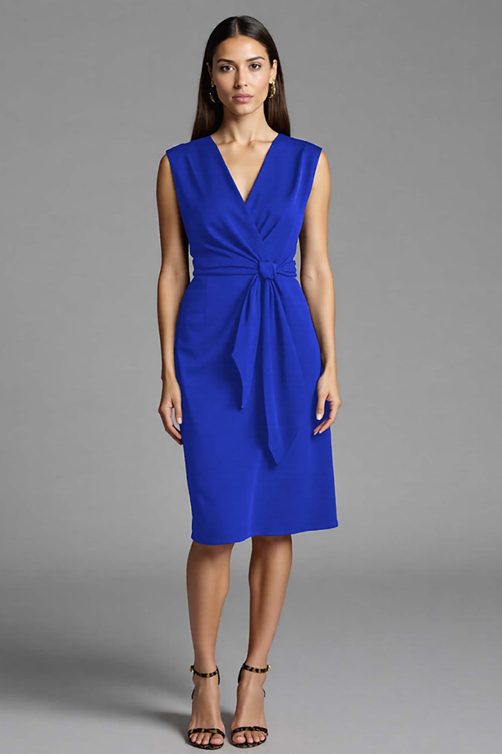 Sheath Navy V Neck Midi Work Dress With Sash